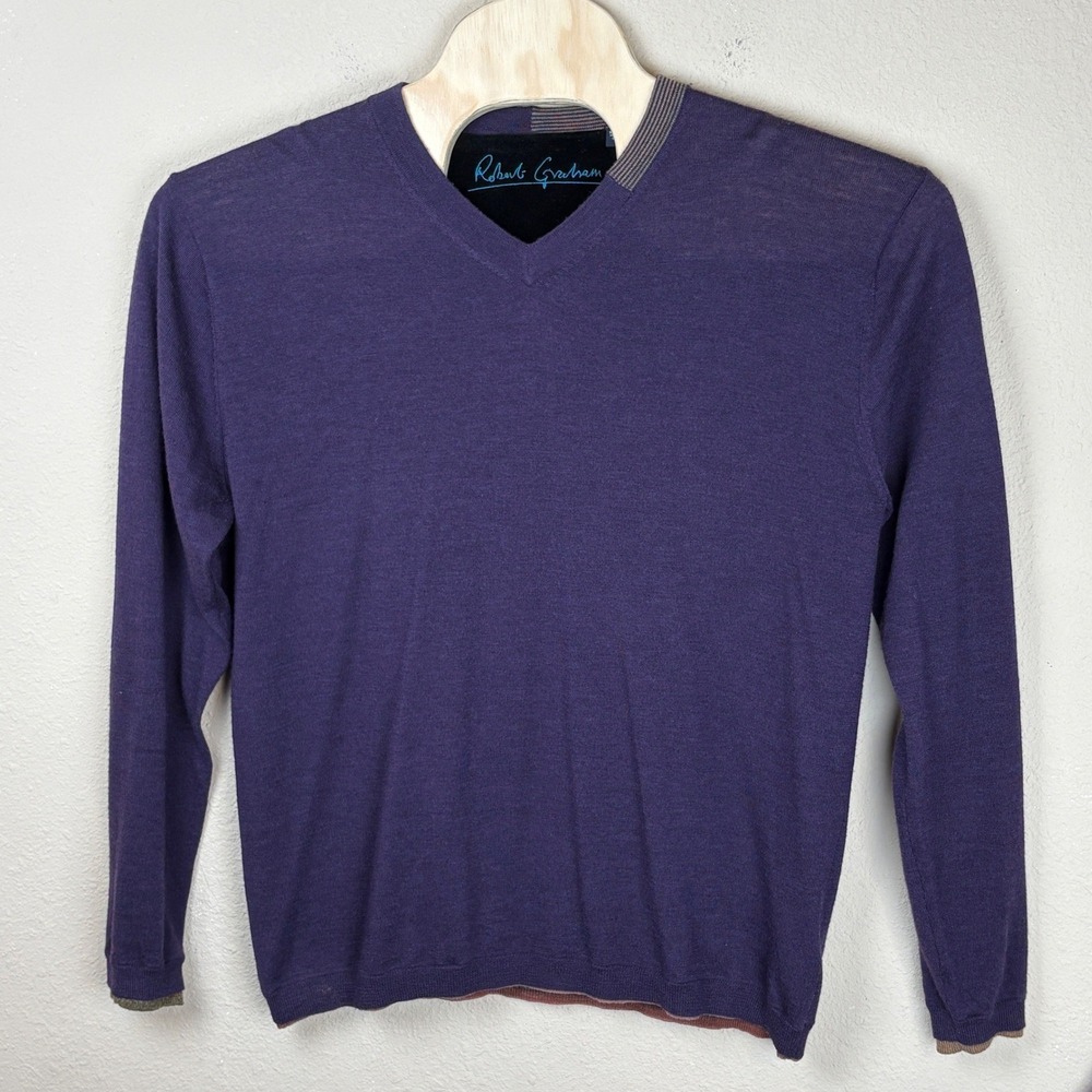 Robert Graham Mens XL V-Neck Sweater Purple 100% Wool Striped Trim Lightweight